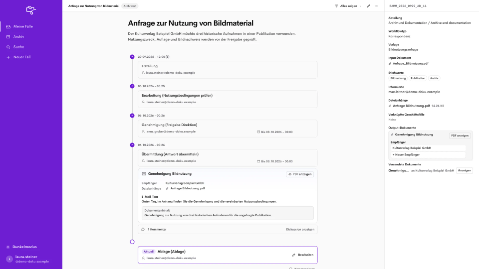 Archivierter Geschäftsfall mit Bearbeitungsverlauf und Änderungshistorie