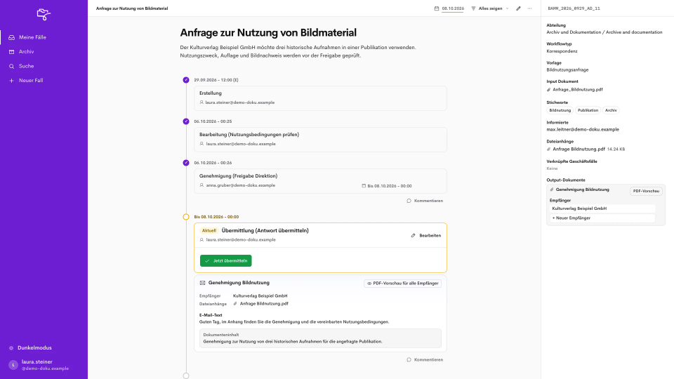 Antwort mit Dokumentvorlagen, PDF-Vorschau und Anlagen
